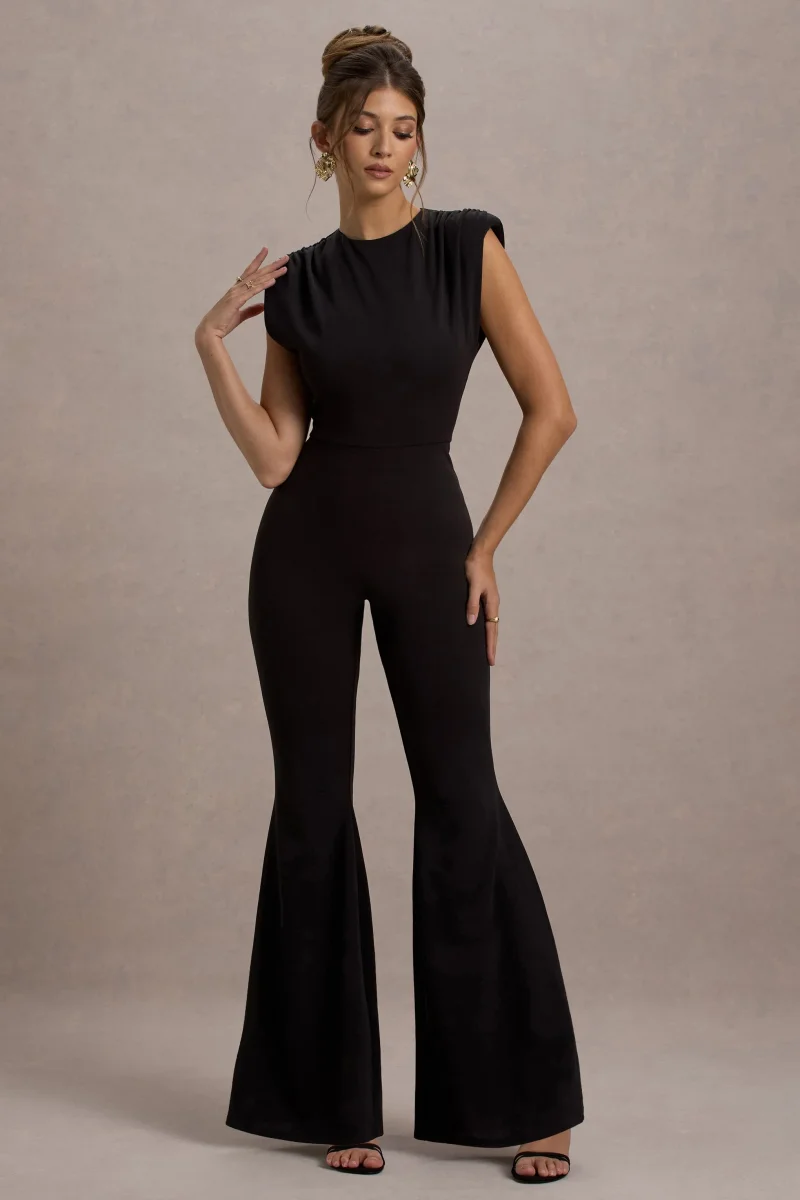 Elyna | Mono negro con hombros fruncidos y pantalones acampanados - Imagen 5