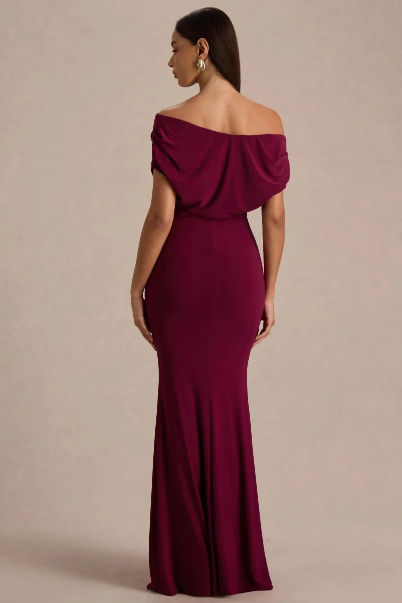 Bowden | Vestido Largo Berry con Escote Bardot - Imagen 3