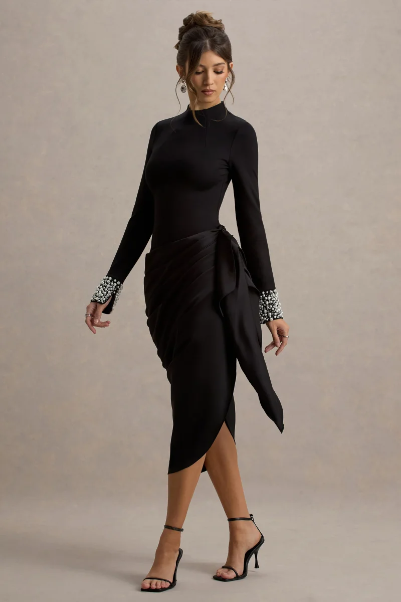 Luanna | Vestido Midi Negro de Satén con Mangas Largas y Falda Drapada - Imagen 6
