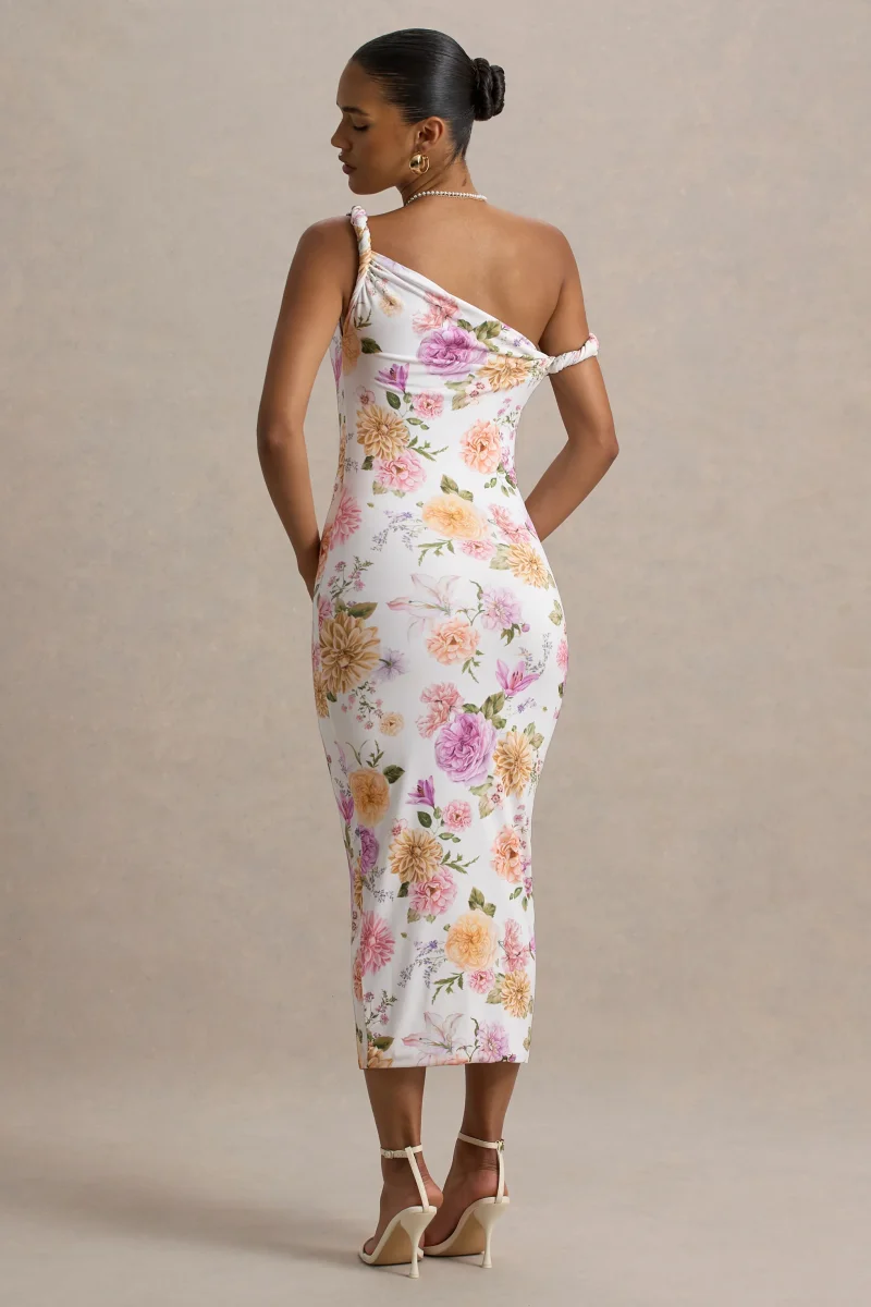 Nora | Vestido midi ajustado con escote asimétrico con detalle torcido con estampado floral - Imagen 3