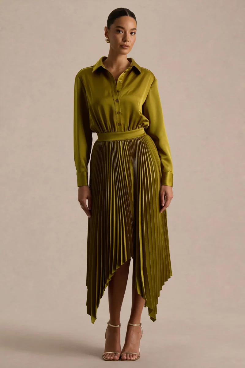 Naxos | Vestido Largo Camisero de Satén Color Oliva - Imagen 6