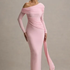 Valina | Vestido largo rosa con mangas largas y drapeado lateral