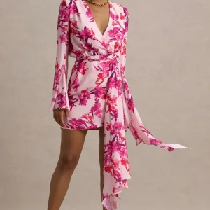 Goldie | Vestido corto de gasa con estampado floral rosado y detalle de cinta