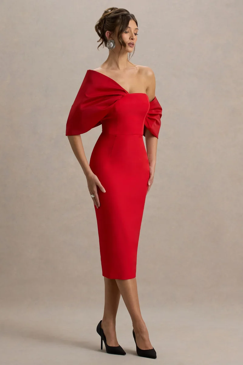Lucille | Vestido midi rojo con escote bardot con detalle de lazo y mangas drapeadas - Imagen 6