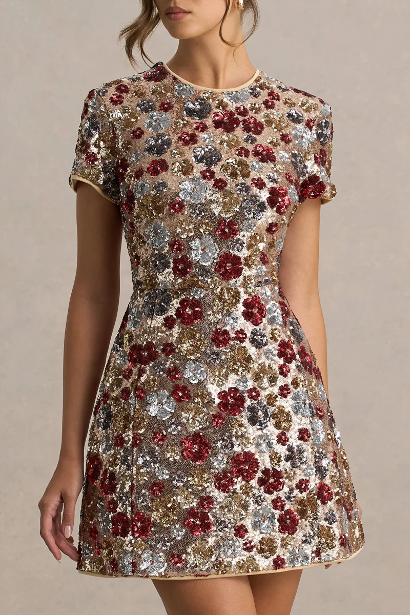 Eira | Vestido corto rojo de lentejuelas con estampado floral y escote redondo - Imagen 4