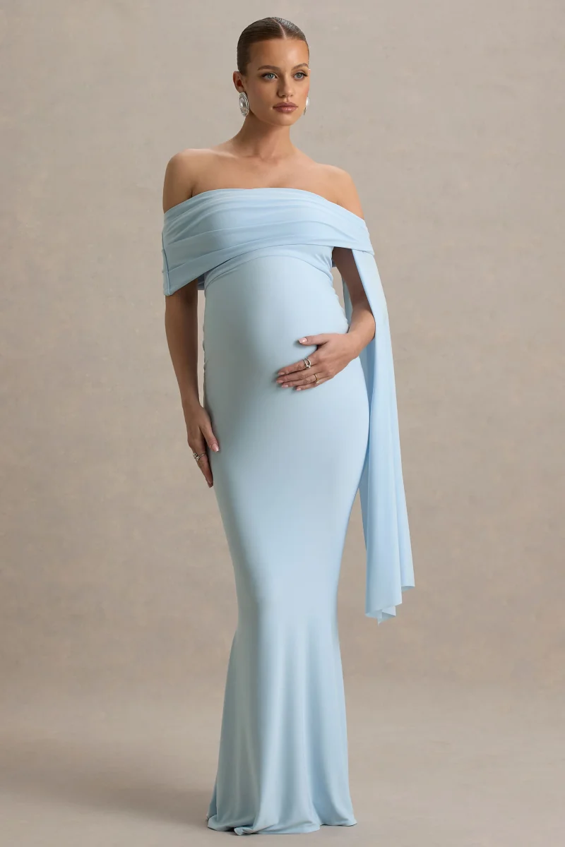 Aquila | Vestido largo de premamá Azul bebé con Escote Bardot y Manga Drapeada - Imagen 5
