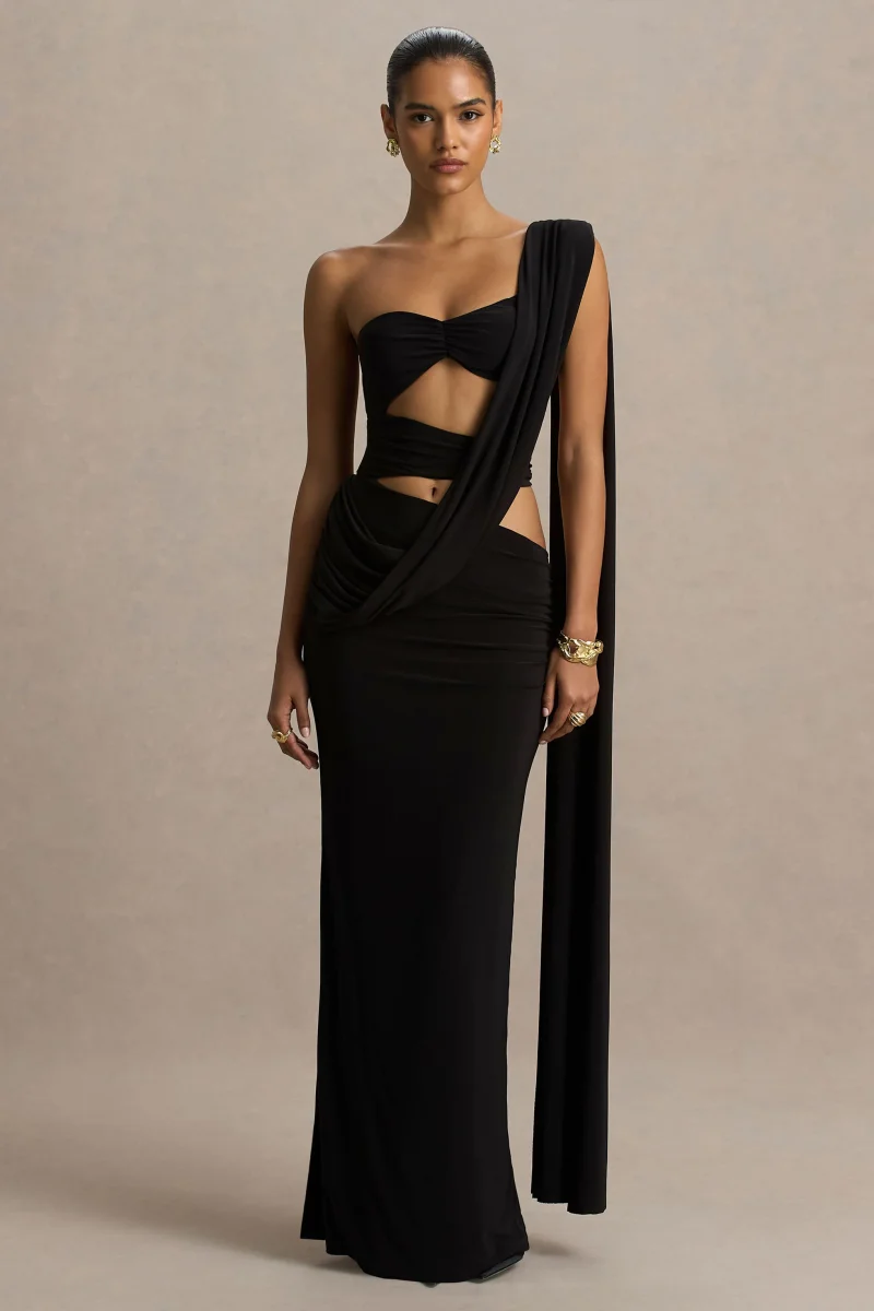 Nebula | Vestido Largo Negro Bandeau con Recortes - Imagen 6