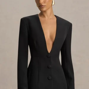 Rosalina | Blazer Negro Entallado con Escote Profundo Extremo