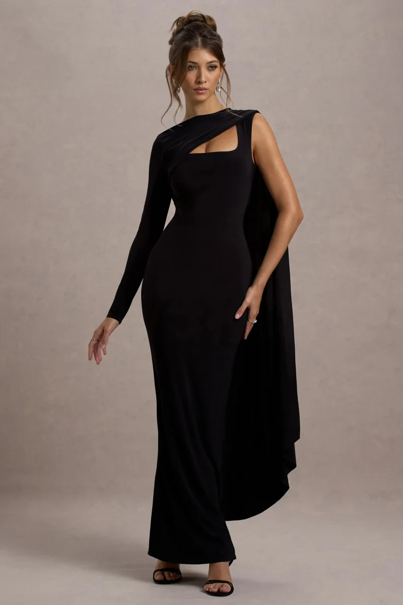 Ashini | Vestido largo Negro de Una Manga con Capa - Imagen 5