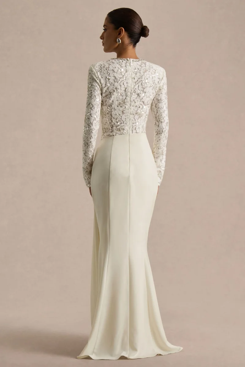 Beau | Vestido Largo de encaje crudo con escote alto y detalle drapeado - Imagen 3