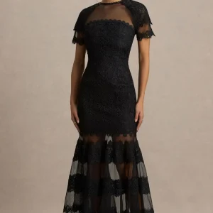 Leanne | Vestido midi negro de encaje y malla con cuello redondo y corte sirena