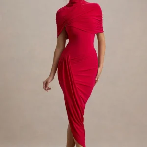 Enchant | Vestido Midi Rojo con detalle de capa y drapeado