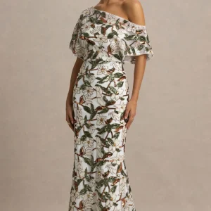 Iony | Vestido Largo de cuello asimétrico con detalles florales, malla y lentejuelas en blanco y verde