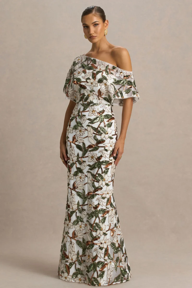 Iony | Vestido Largo de cuello asimétrico con detalles florales, malla y lentejuelas en blanco y verde