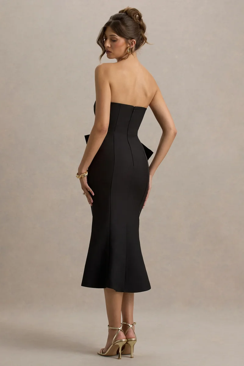 To Me | Vestido Midi Negro con escote Bandeau y lazo Oversized - Imagen 3