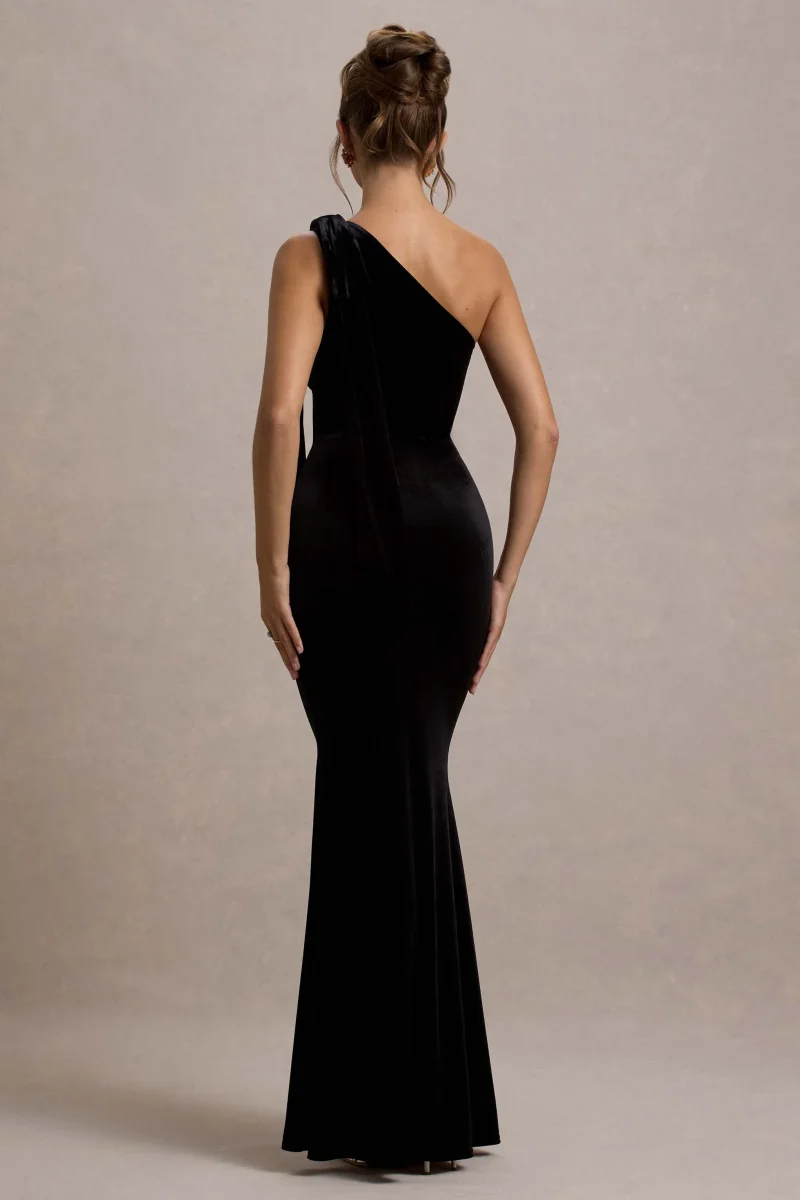 Jillian | Vestido largo Asimétrico de Terciopelo Negro con Tirante de Lazo - Imagen 2