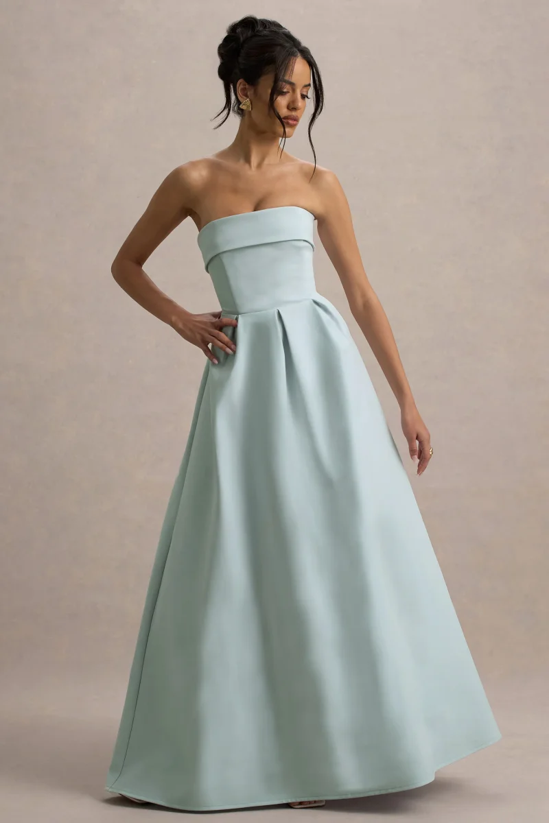 Maddalena | Vestido largo en azul empolvado con falda plisada - Imagen 7