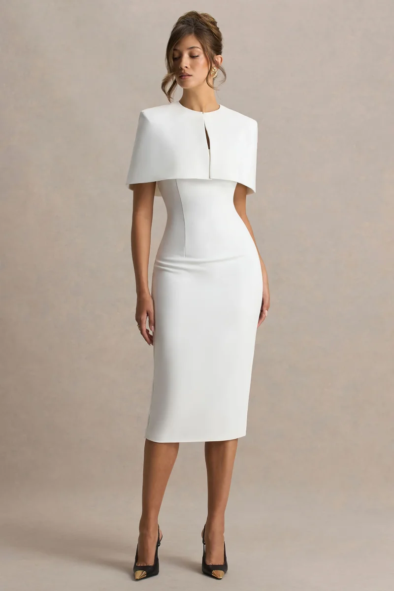 Baylor | Vestido midi blanco con detalle de capa removible - Imagen 2