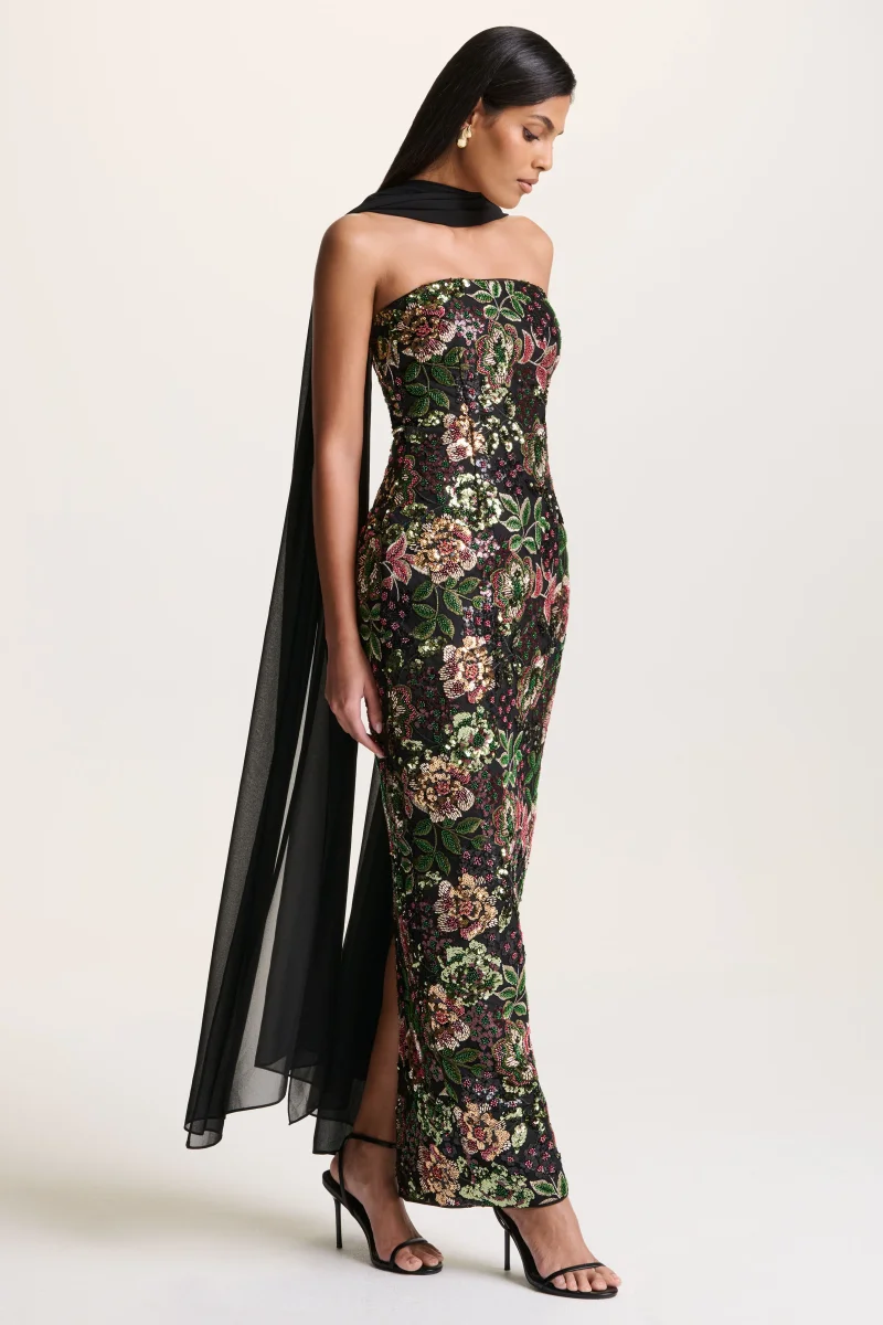 Cora | Vestido Largo Bandeau de Malla y Lentejuelas con Capa en la Espalda - Imagen 8