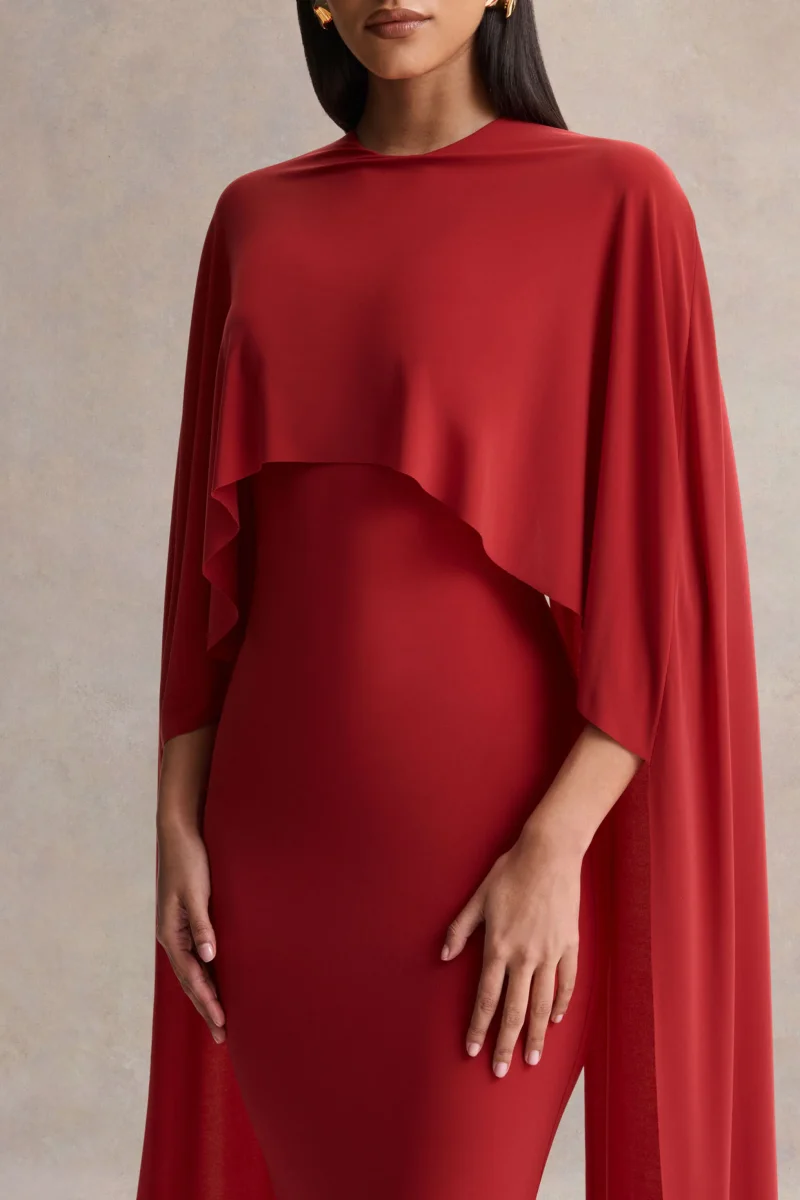 Kalani | Vestido Midi Rojo con Cuello Redondo y Mangas Tipo Capa - Imagen 4