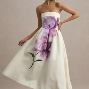Annalise | Vestido midi con escote bandeau con estampado floral y falda plisada