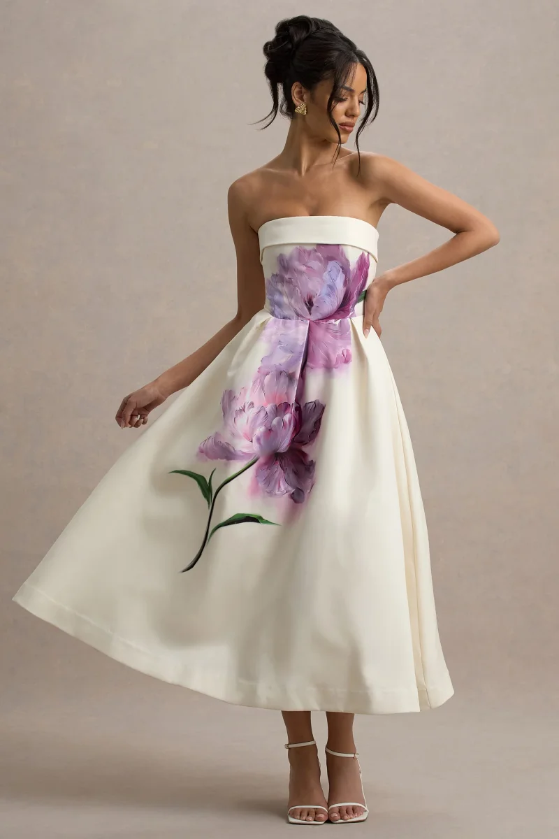 Annalise | Vestido midi con escote bandeau con estampado floral y falda plisada - Imagen 2