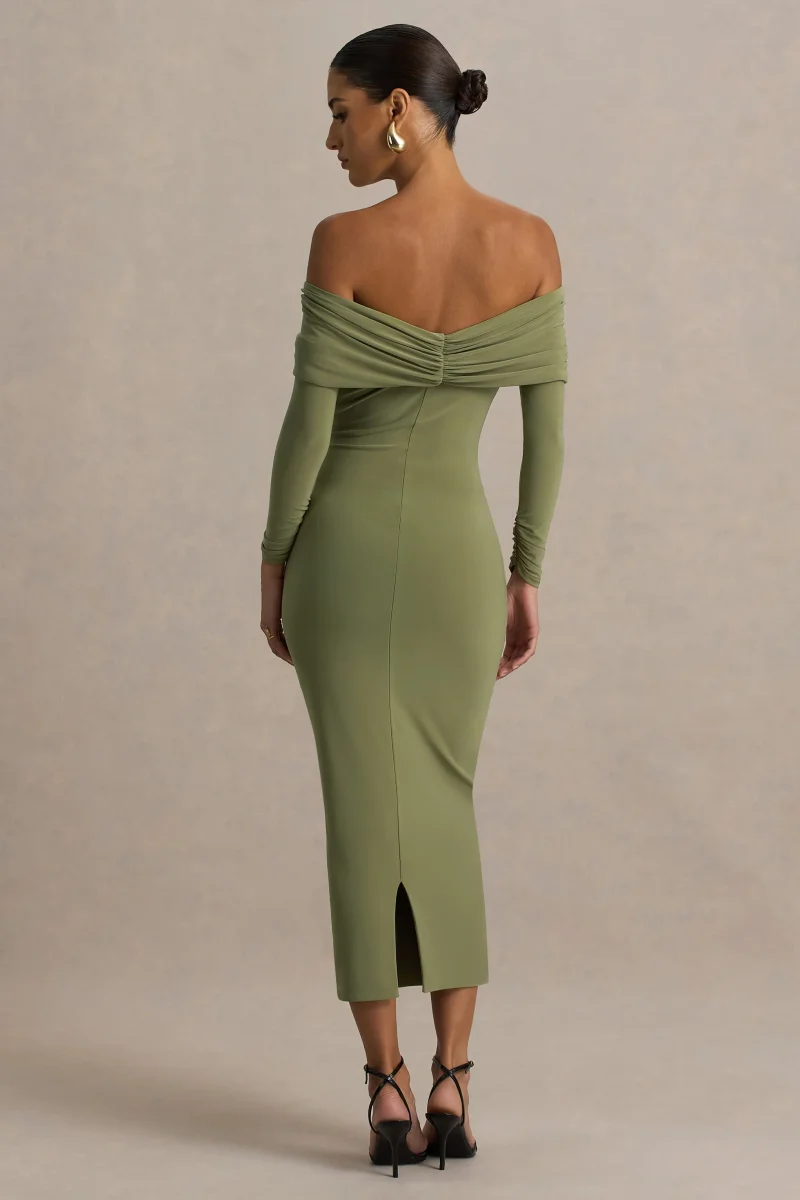 Spark | Vestido Midi Oliva Con Escote Bardot Y Detalle De Lazo - Imagen 3