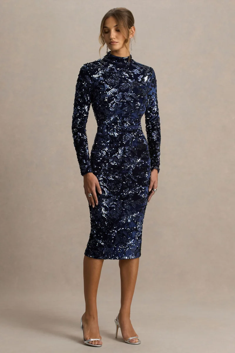 Alanita | Vestido midi azul marino de terciopelo y lentejuelas con cuello alto y mangas largas - Imagen 6