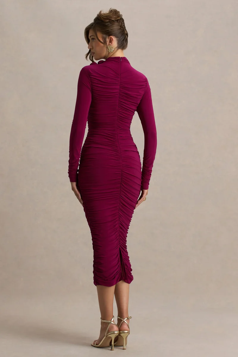Tamara | Vestido Midi Burdeos de Manga Larga con Fruncidos - Imagen 3