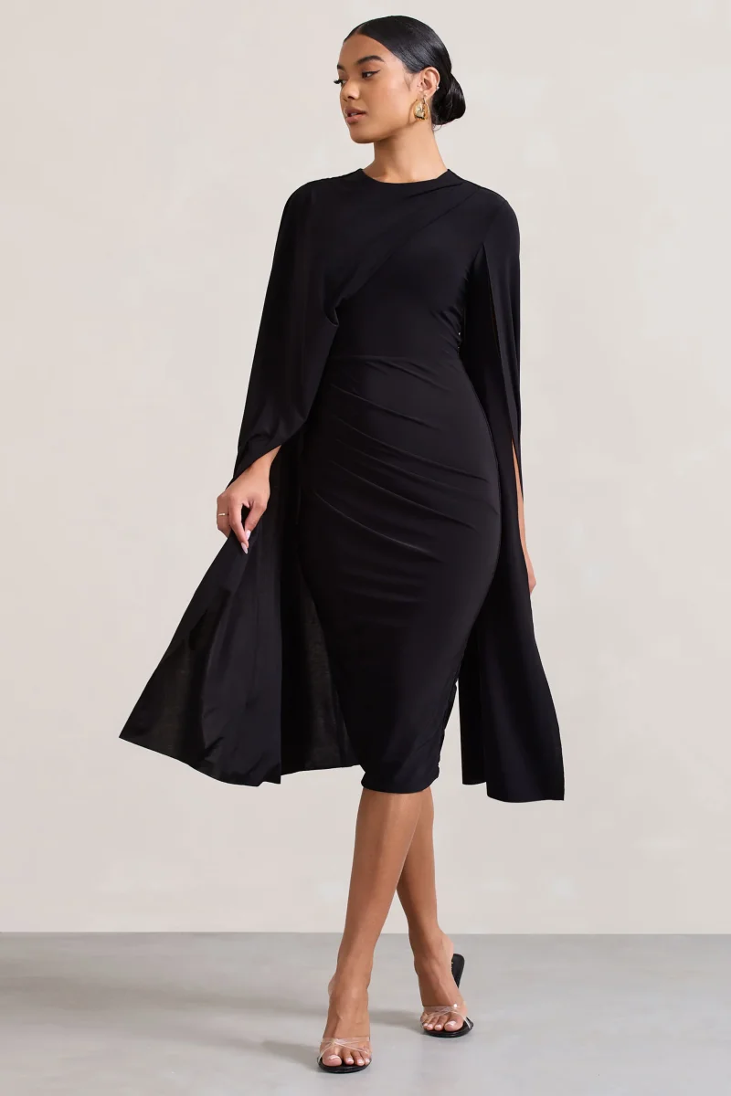 Marysol | Vestido midi negro entallado con mangas tipo capa - Imagen 6