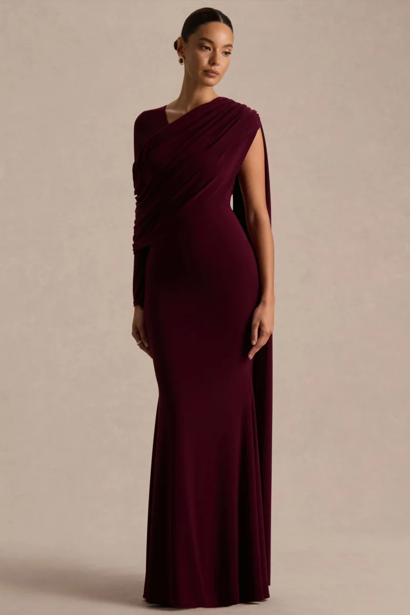 Rubelle | Vestido Largo Burdeos de Escote Asimétrico con Detalle Drapeado - Imagen 6