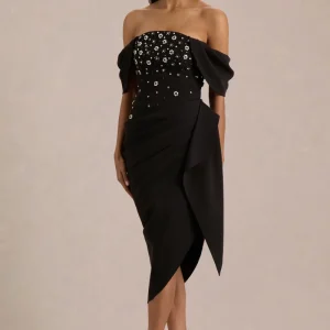 Sylvia | Vestido Midi Negro con Escote Bardot, Bordado y Falda Envolvente Drapeada
