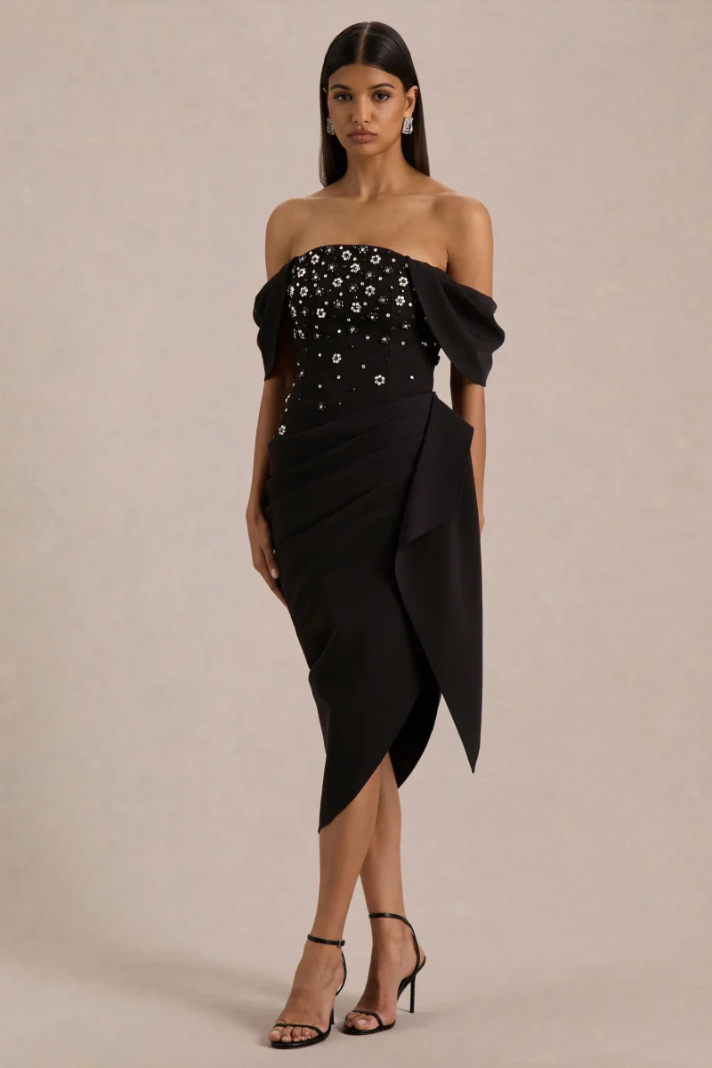 Sylvia | Vestido Midi Negro con Escote Bardot, Bordado y Falda Envolvente Drapeada