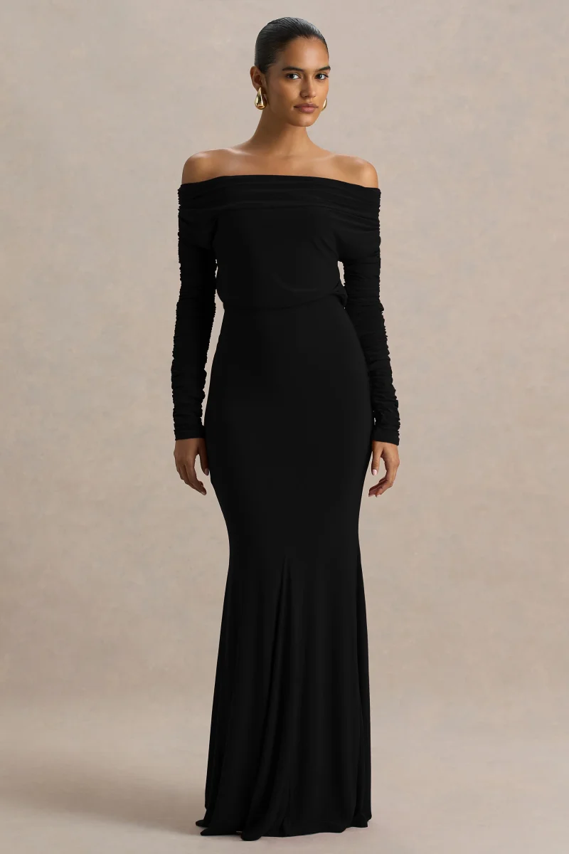 Cilla | Vestido Largo Negro Con Escote Bardot y Fruncido - Imagen 6