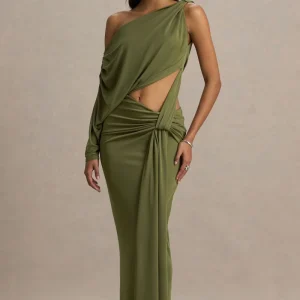 Layla | Vestido Largo Verde Oliva De Escote Asimétrico con Corte en el Cuerpo y Detalle Fruncido