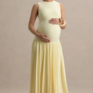 Outline | Vestido largo premamá en amarillo limón con Escote con abertura y Falda Drapeada