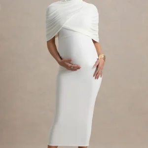 Augustina | Vestido midi premamá blanco con detalle de capa