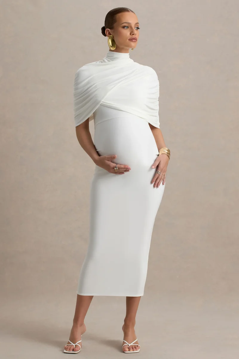 Augustina | Vestido midi premamá blanco con detalle de capa - Imagen 2