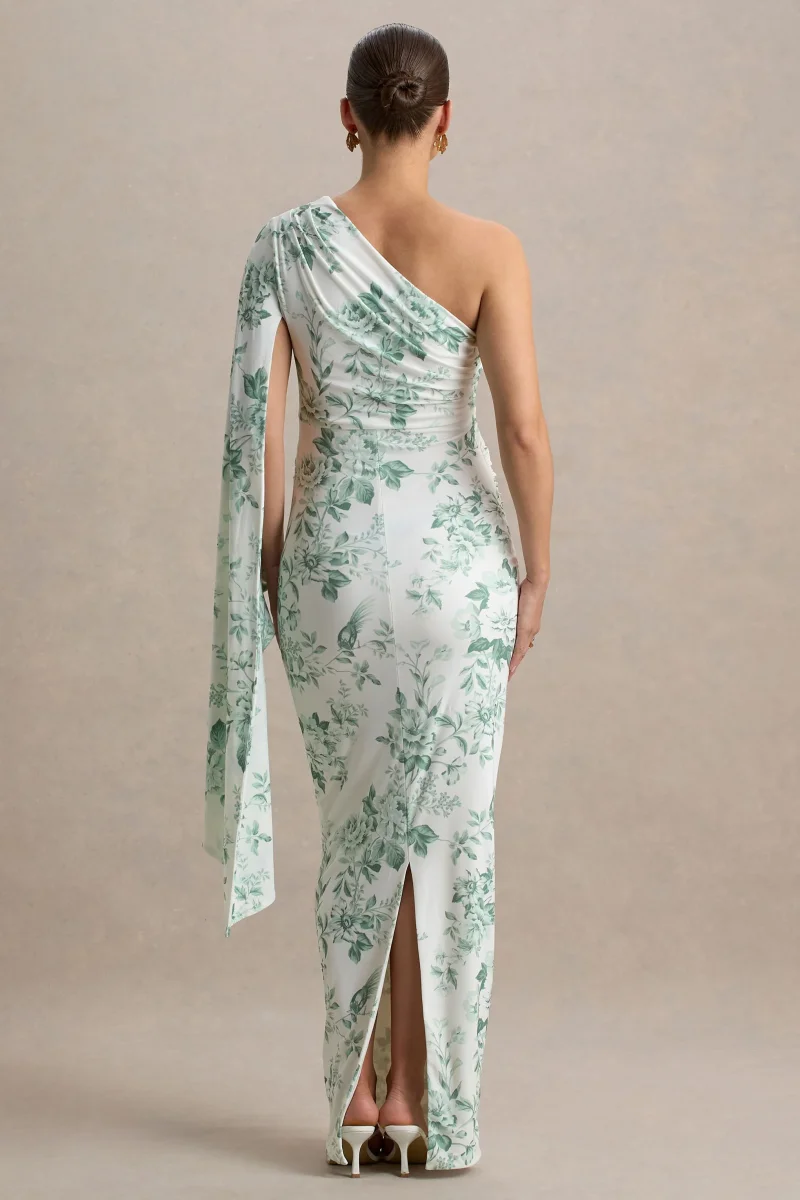 Aliana | Vestido largo premamá con una manga larga y estampado floral verdoso - Imagen 3