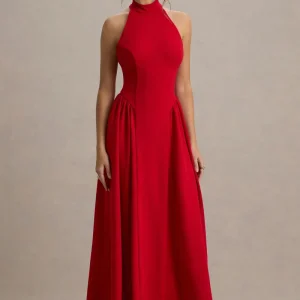 Cynthia | Vestido largo Rojo con Escote Alto y Falda Voluminosa