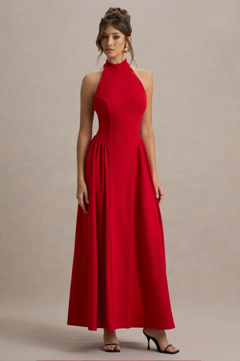 Cynthia | Vestido largo Rojo con Escote Alto y Falda Voluminosa