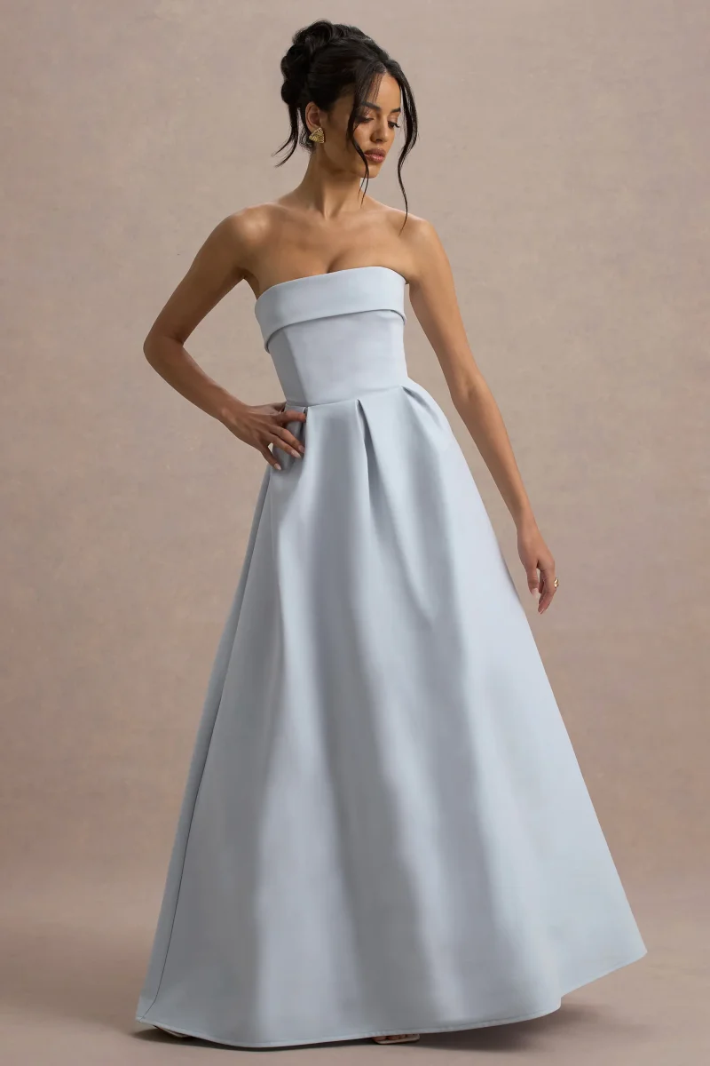 Maddalena | Vestido largo en azul empolvado con falda plisada - Imagen 3