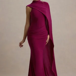 Maeve | Vestido largo en Burdeos con Manga Capa Drapeada