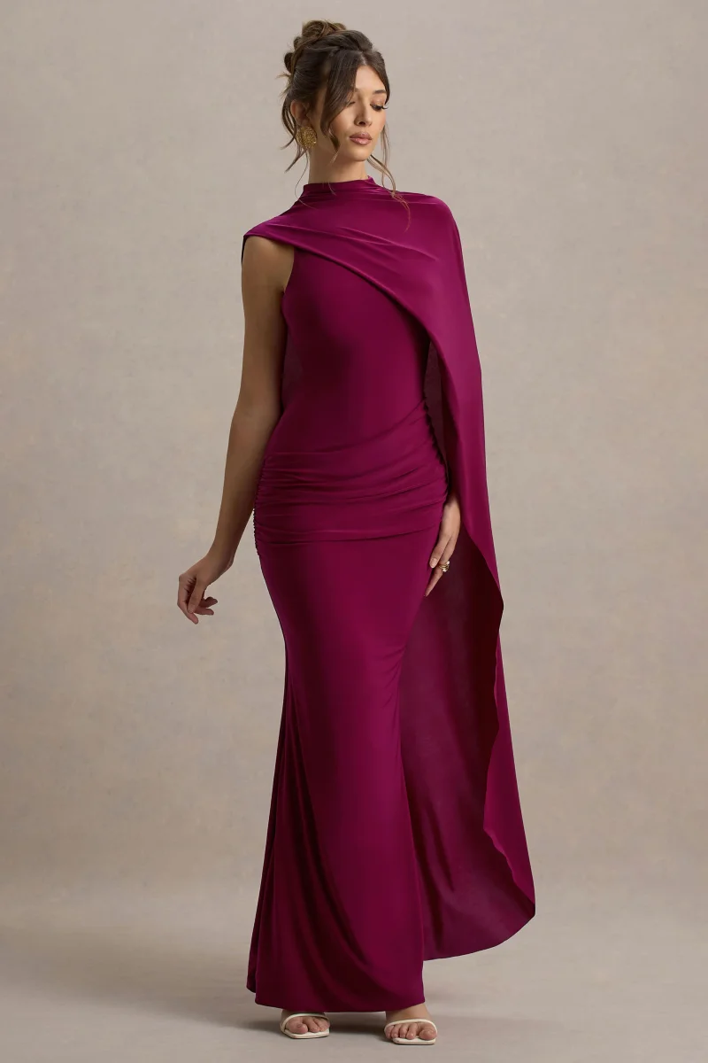 Maeve | Vestido largo en Burdeos con Manga Capa Drapeada - Imagen 2