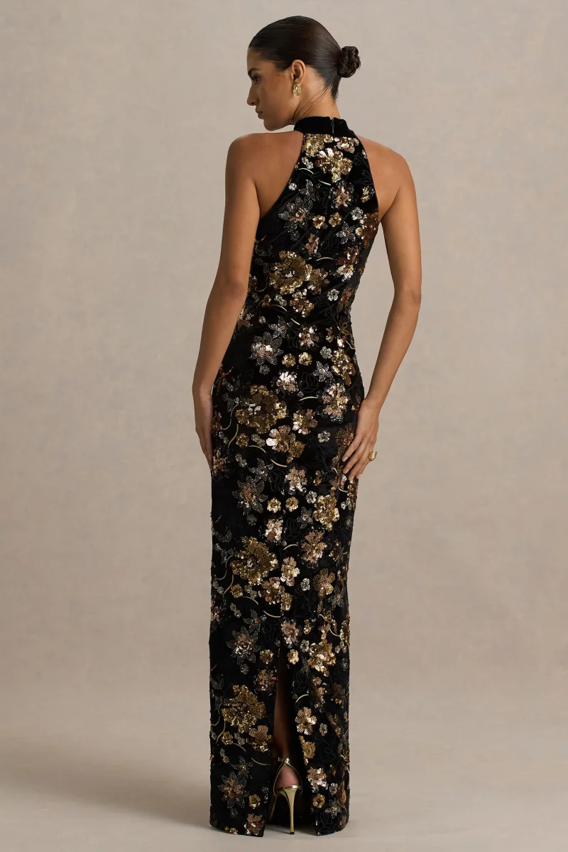 Tate | Vestido Largo de Terciopelo Negro con Escote Halter y Lentejuelas Florales en Bronce - Imagen 3