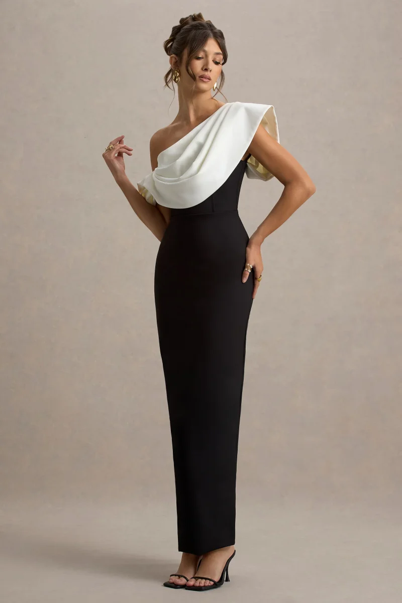 Angelina | Vestido largo negro y escote asimétrico con detalle drapeado en blanco - Imagen 6