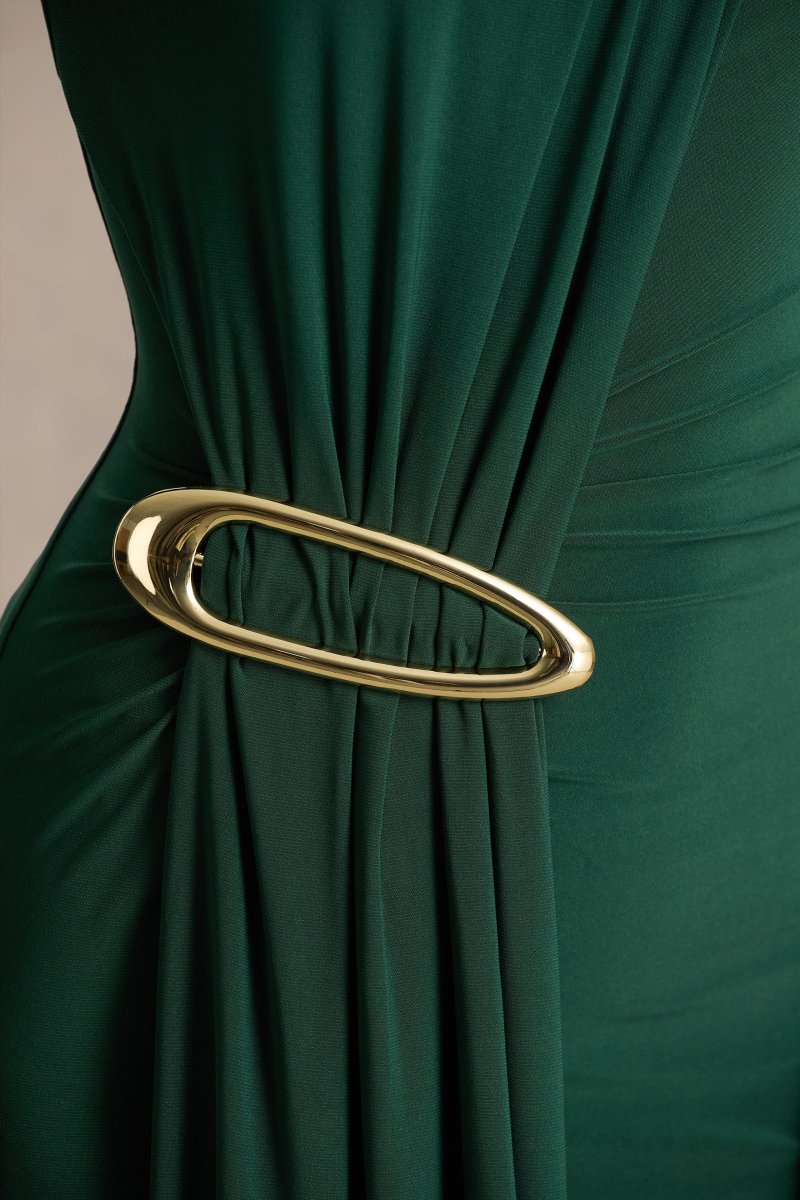 Zadie | Vestido Largo verde azulado de cuello alto con detalle fruncido - Imagen 7