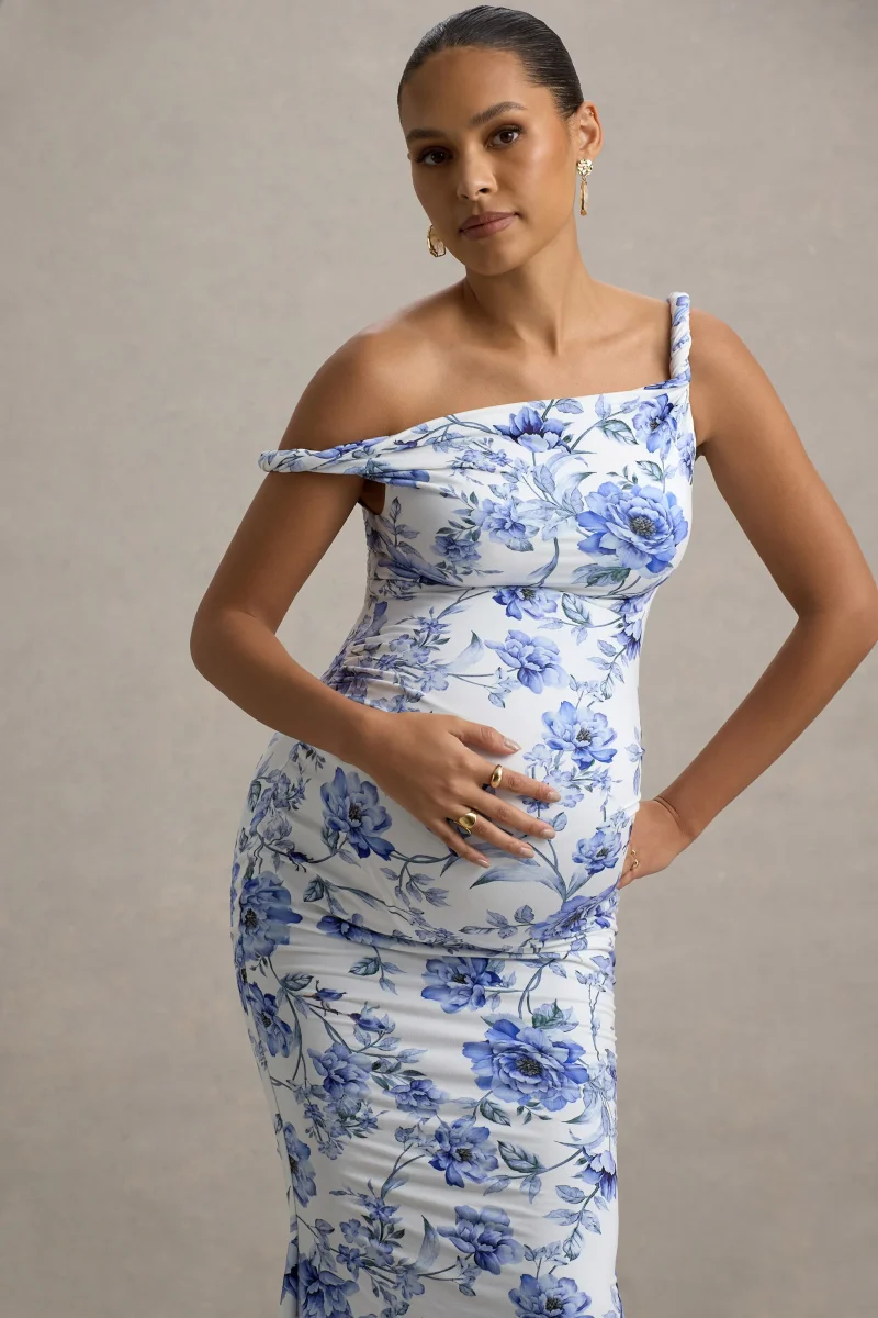 Lita | Vestido largo de Maternidad Floral Azul con Escote Asimétrico Torcido - Imagen 5