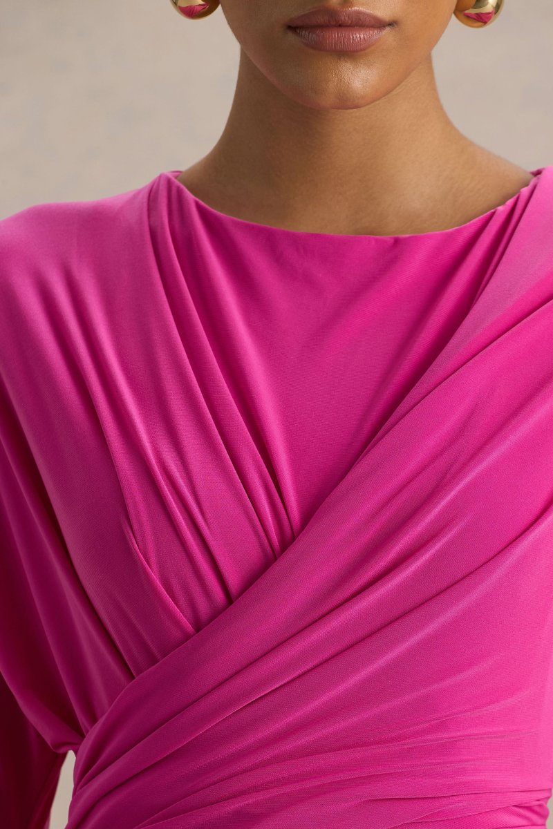 Regina | Vestido Largo Rosa Fucsia Regina con Escote Cortado y Drapeado - Imagen 7