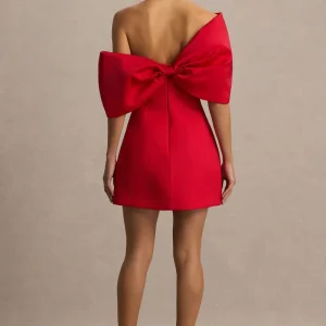 Tindra | Vestido Corto Rojo con Escote Bandeau y Mangas de Lazo